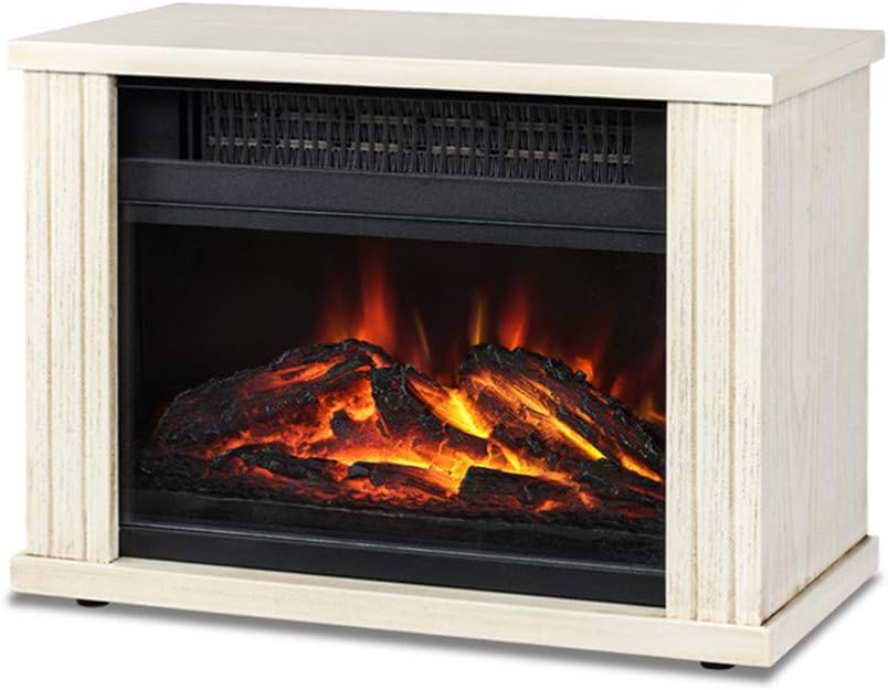 Free Standing Space Heater Fireplace, Tabletop Electric Fireplace Stove with 3D Dynamic Virtual Effect Flame, Burnished Board Finish, Tempered Glass View, Mechanical Switch - Ivory White