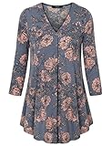 Laksmi Tunic Casual Blouse, Womens Casual 3/4 Sleeve V Neck Pleated Floral Flowy Tunic Blouse,Multicolor Grey XX-Large