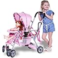 Joovy Toy Caboose Baby Doll Stroller Featuring Reclining Front Seat, Adjustable Footrest, Storage Basket, Extendable Canopy, and Snack Tray - Holds 3 Dolls (Pink Dot)