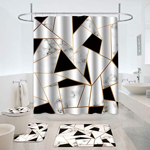 MitoVilla Black and White Marble Shower Curtain Set for Modern Bathroom