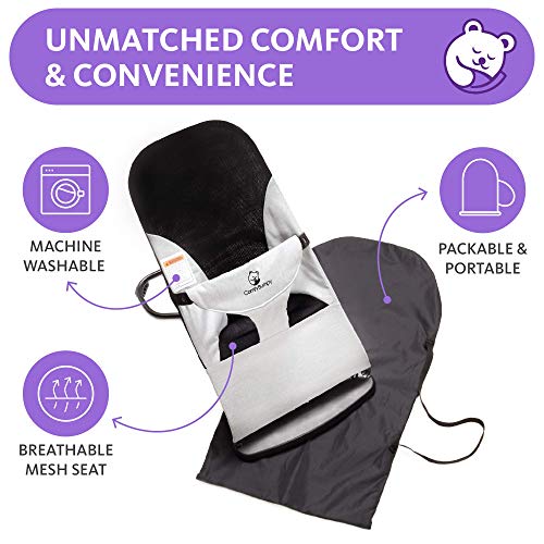 ComfyBumpy Ergonomic Baby Bouncer Seat - Bonus Travel Carry Case - Safe, Portable Bouncing Chair with Adjustable Height Positions - Infant Sleeper Bouncy Seat Perfect for Newborn Babies (Grey)