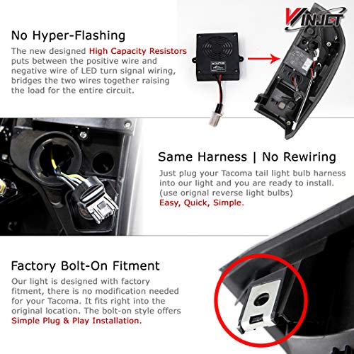 Winjet WJ20-0466-16 Taillights Lamps Replacement for 2016-2019 Toyota Tacoma Black/Clear LED Tail Lights Glow Bar Running Brake