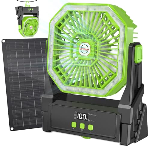 Astarama 10000mAh Solar Fan with 10W Solar Panel and Light, 4 Speed Battery Operated Fan with LED Display, Timer, Hanging Hook and 180° Adjustable Fan