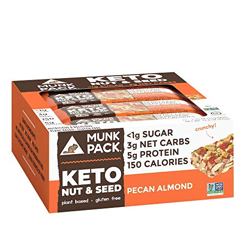 Munk Pack Pecan Almond Keto Nut & Seed Bar with <1g Sugar, 3g Net Carbs | No Added Sugar | Plant Based | Gluten Free, Soy Free | 12 Pack