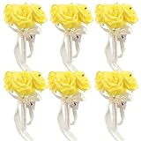 6 Bunch of Bouquet, AerWo Yellow Foam Roses Silk Ribbon Bouquet Handmade Rhinestone Diamante Artificial Flower Bridal Bridesmaid Brooch Wedding Bouquet Decoration