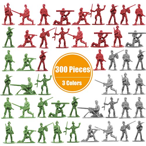 Jyongmer 300 Pcs Plastic Army Toy Soldiers Various Pose Toy Soldiers Action Figures, 3 Colours of Army Men for Family, Kid Gifts, Party Decorations, Party Favors