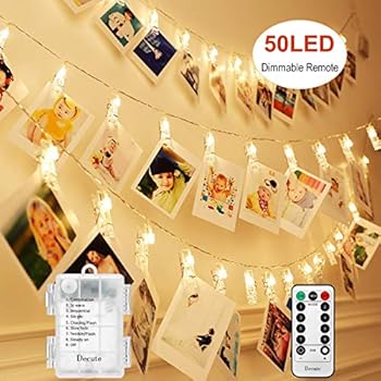 Decute Upgraded 50LED Dimmable Photo Clips Lights String Holder with Remote, Timer 8 Modes Fairy Starry Lights for Christmas Card Bedroom Wedding Party Hanging Photos Pictures Memos,Warm White