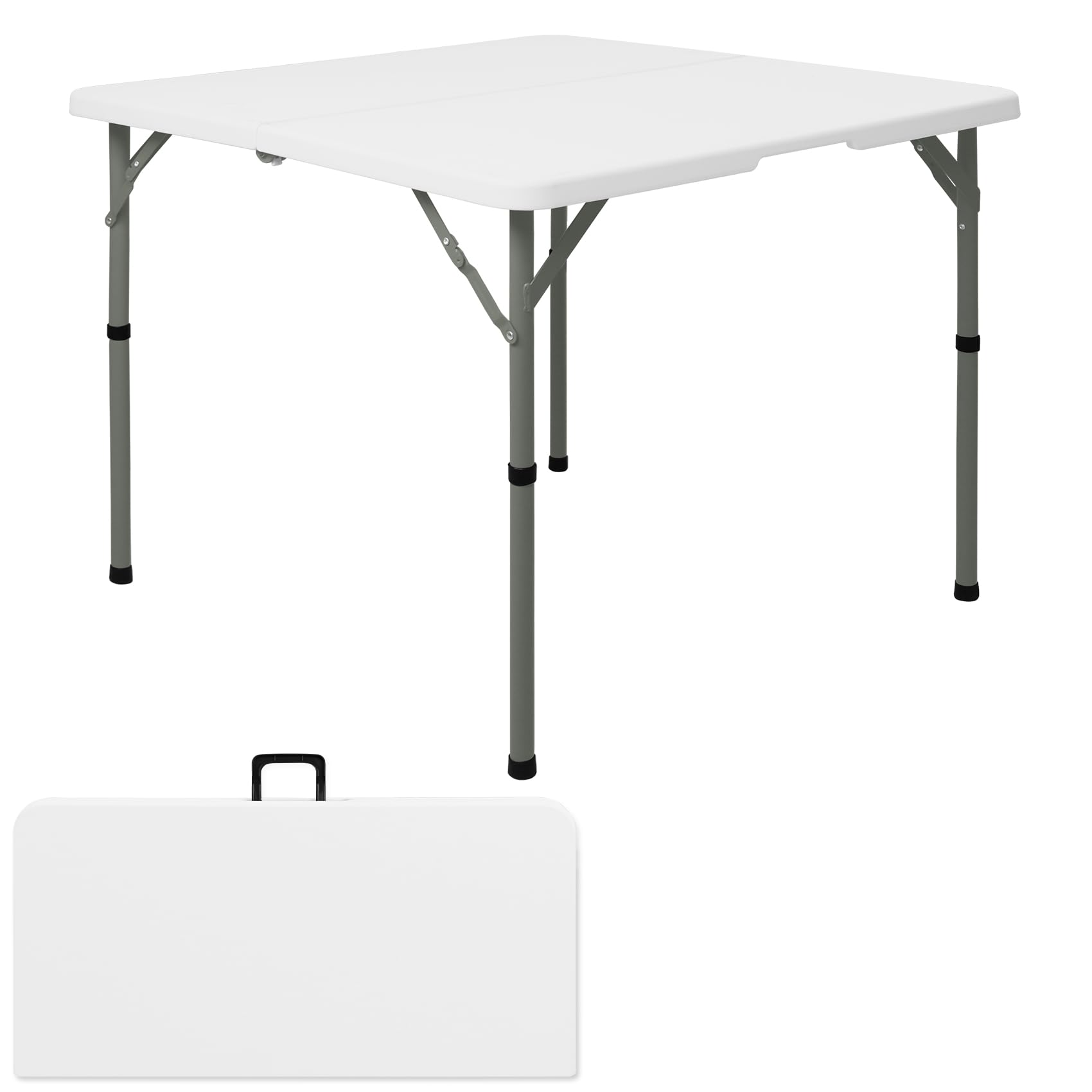 Photo 1 of 34" Square Folding Table,Multi-Functional Portable Folding Card Table with Carrying Handle for Indoor Outdoor Camping,Picnic, Office, Party Use, HDPE Plastic Tabletop with Metal Frame(White)