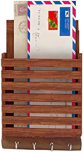 SKAVIJ™ Wooden Handmade Decorative Mail, Letter Holder, Key Rack Organizer 4 Hooks for Office, Entryway, Kitchen with Dry-Erase Board - Wall Mount
