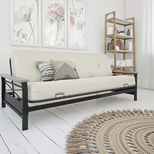 DHP Nadine Metal Futon Frame with Grey Wood Armrests, Full Size