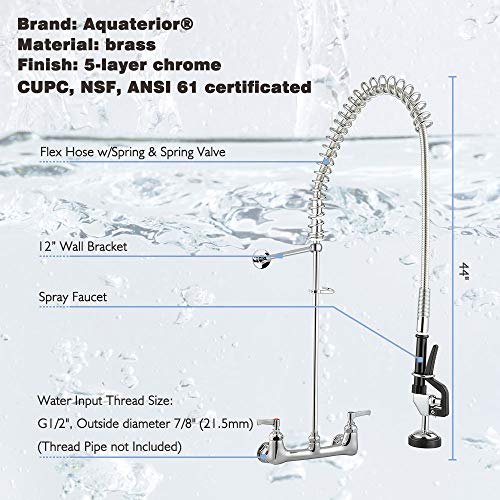 Aquaterior Chrome Double Handle Brass Pre-Rinse Commercial Wall-mount Faucet w/Pull Down Restaurant CUPC NSF ANSI