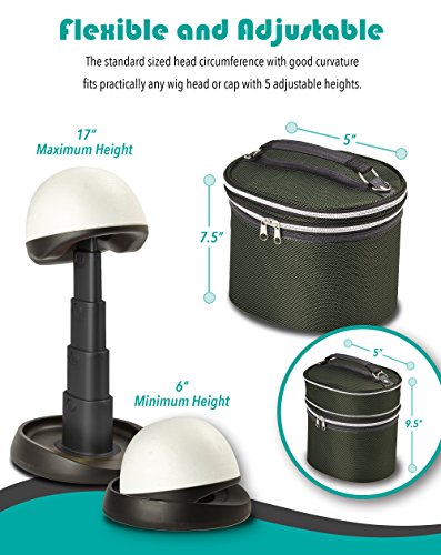 Wig Head and Travel Case - 2 Piece Travelling Kit - Adjustable Length Stand For Home or Salon - Portable Carrying Box - Green Case with Black Head - by Adolfo Design
