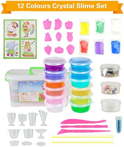 OffKits 12PCS Crystal Slime Clay,Slime Making Kit Clear Putty Mud Toys for Children Kids Including DIY Moulds and Straws and Storage Box By (12PCS)