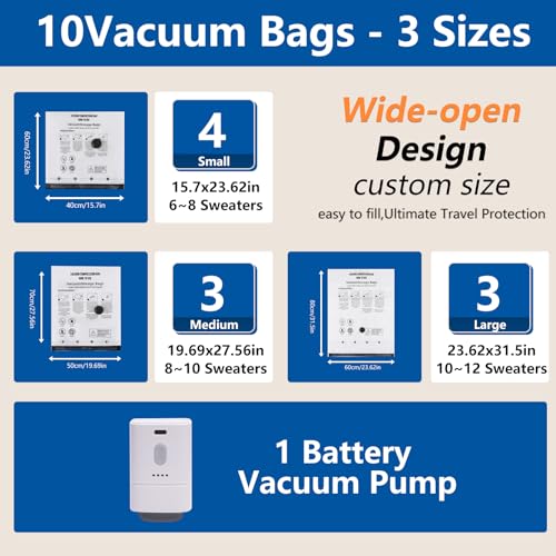 10 Vacuum Bags + Cordless Electric Pump – Multiple Sizes (3×60×80/3×50×70/4×40×60 Cm) Reusable PA+PE, Save 80% Space, Ideal for Travel & Daily Storage