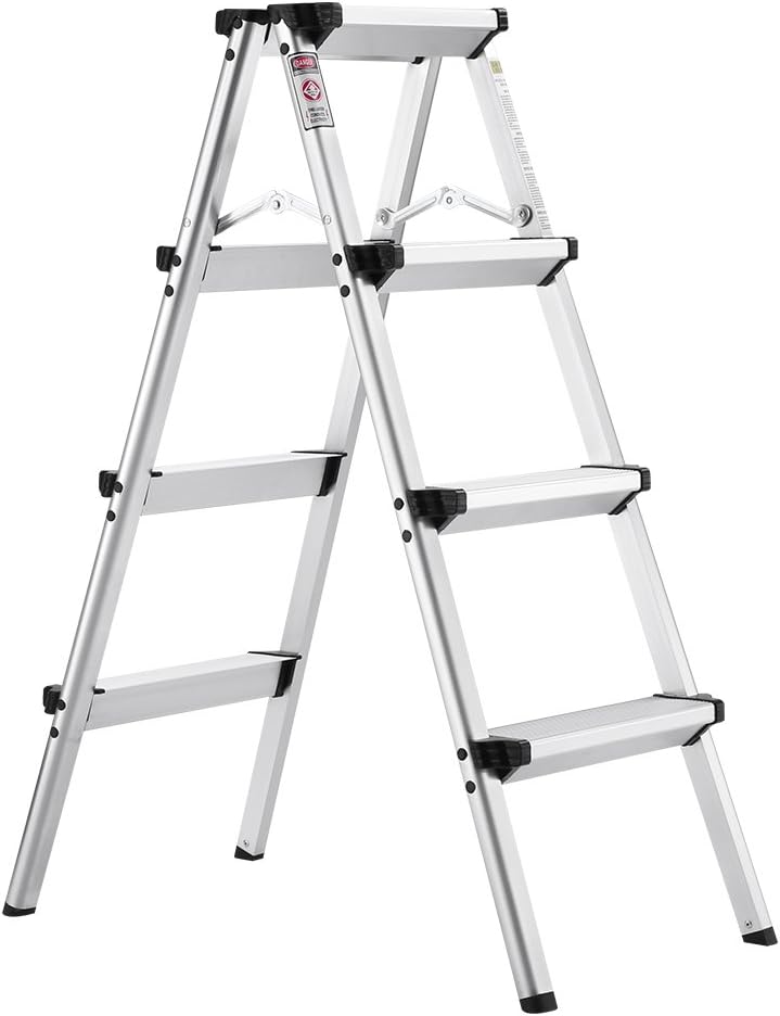 Finether 3.2 ft Folding Step Ladder Rungs Aluminium Step Ladder 2 x 4 Steps Light 3 kg Rust-Resistant Ladder 150 kg Load Double Sided with Non-Slip Mats EN131 Certified