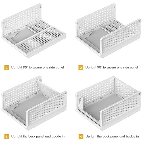 Fohome Stackable Clothes Plastic Storage Basket,4 Pack Foldable Closet Organizer Shelf Cloth Holder,Drawer Shelf Storage Container for Wardrobe Cupboard Kitchen Bathroom Office (4 Pack)