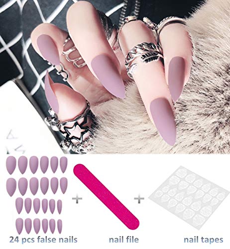 editTime 24PCS Solid Colors Acrylic Stiletto False Nails Full Cover Fake Nails Tips Natural Long Claw Nails (Matte pink purple)