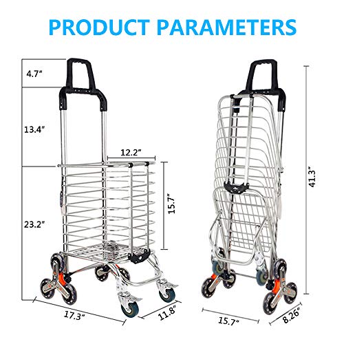Upgraded Folding Shopping Cart Portable Grocery Stair Climbing Cart with Tri-Wheels, Swivel Handle, Wheel Bearings & Removable Basket, Perfect for Mom Christmas Gift