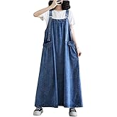 EXPOING Boho Denim Overall Dress for Women Jean Overalls Skirt Jumper Pinafore Dresses Wide Hem Adjustable Straps Oversized