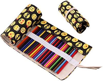 Canvas Colored Pencil Wrap Case,Travel Drawing Coloring Pencil Roll Organizer for Artist,Pen Pencil Pouch Holder(No Pens Included) (Smiling Face, 72Holes)