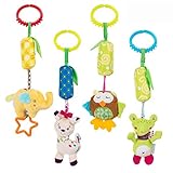 Daisy Baby Hanging Rattle Toy for 0 3 6 to 12 Months - 4 Pack - Soft Plush Hanging Crinkle Squeaky Sensory Educational Toy - Animal Wind Chime with Teethers