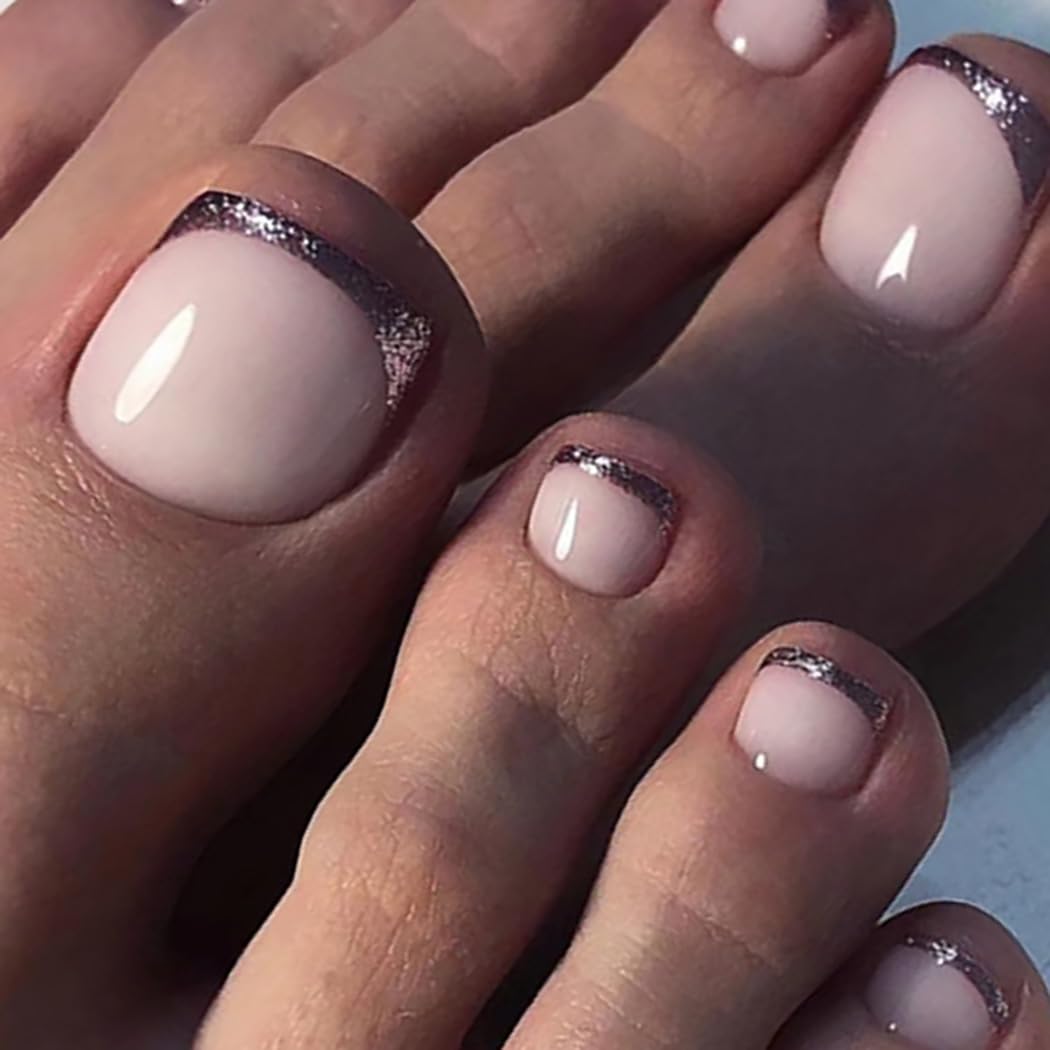 Vatocu French False Toenails Pink Press on Toenails Glitter Lines Fake Toe Nails Glossy Acrylic Stick on Foot Nails for Women and Girls (24pcs）
