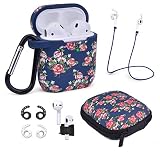 Airpods Case - Airspo 7 in 1 Airpods Accessories Set Compatible with Airpods 1 & 2 Protective Silicone Cover Floral Print Cute Case (Navy+Rose 7 in 1)