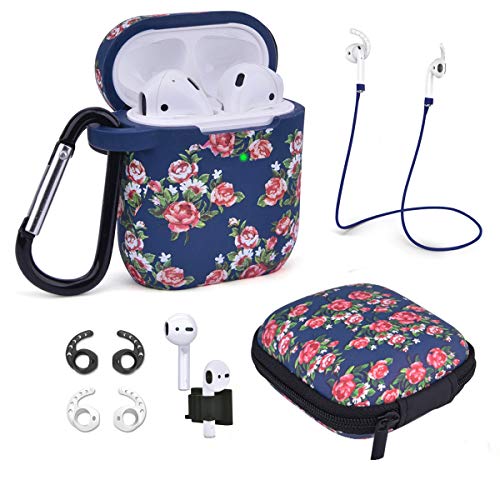Airpods Case - Airspo 7 in 1 Airpods Accessories Set Compatible with Airpods 1 & 2 Protective Silicone Cover Floral Print Cute Case (Navy+Rose 7 in 1)