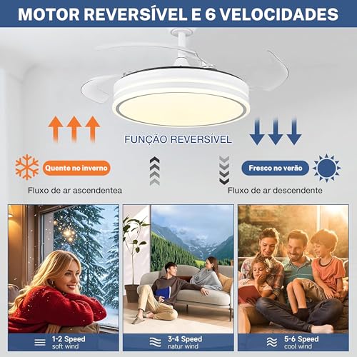 Ventilador de Teto com Luz LED Branco, 42'' Ventilador Regulável com Controle Remoto, Adequado para Quartos, Salas de Estar, Salas de Jantar e Cozinhas