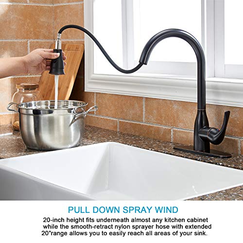 Solid Brass Single Handle Pull Out Sprayer Oil Rubbed Bronze Kitchen Faucet, Pull Down Kitchen Sink Faucet With Deck Plate - Thumbnail 2