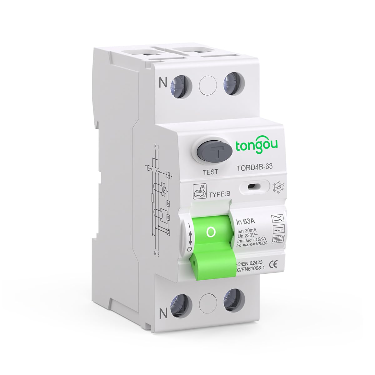 TONGOU Type B RCD Circuit Breaker - 63A 30mA 1P+N 230V 10kA RCD RCCB, A High-Performance Leakage Protection Device Designed for Inverters, EV Charging Stations, and Solar Power Systems
