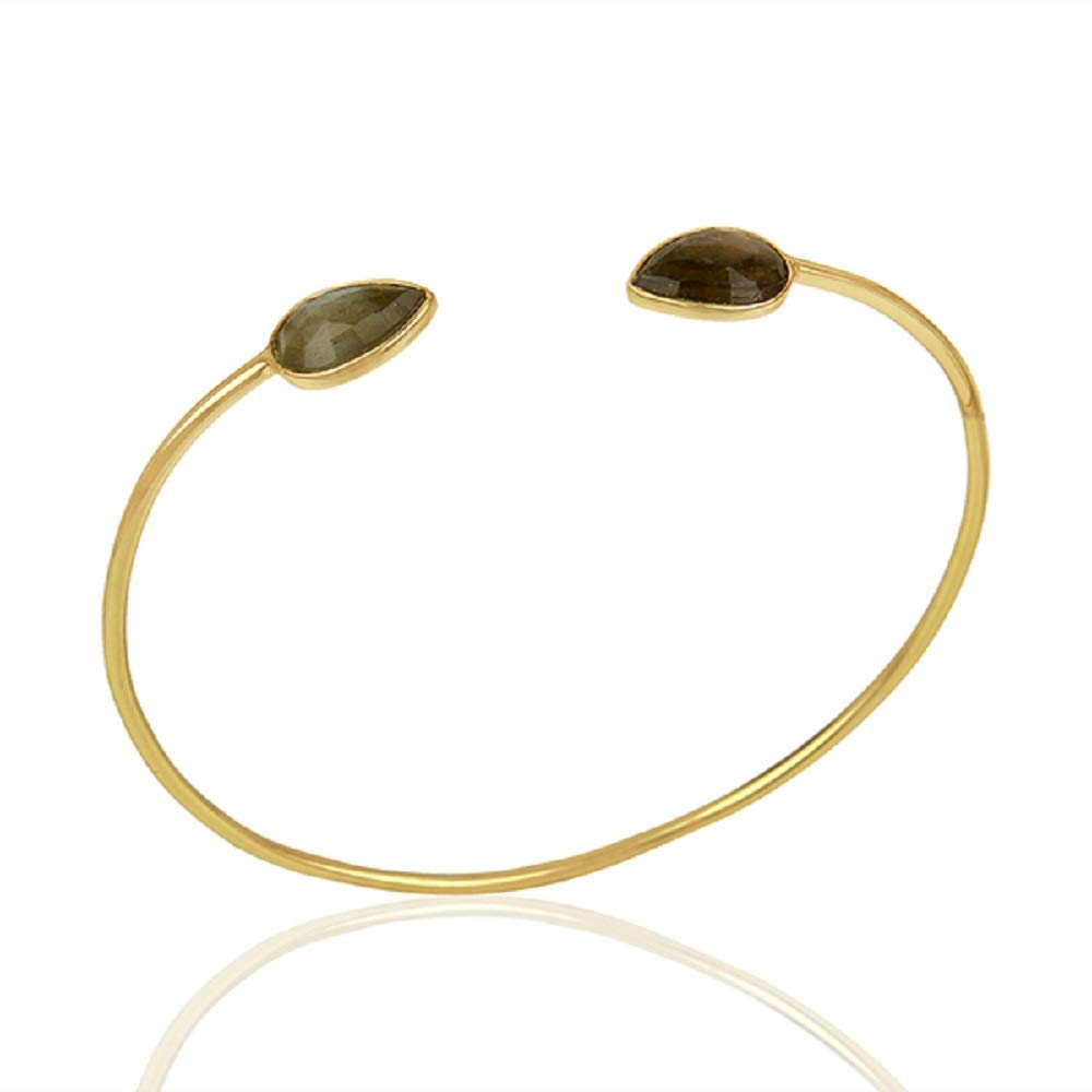 925 Sterling Silver (Stamped) Cuff Bangle Bracelets With Genuine Stones From India - Fine Handmade Jewellery Gift (Labradorite Cuff Bangle - Gold)