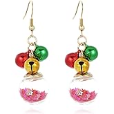 Red Green Christmas Drop Dangle Earrings for Women Gold-Toned Long Chain Jingle Bell Wreath Snow Santa Claus Round Ball Dangling Fish Hook Studs Earring Funny Xmas Holiday Jewelry