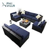 PHI VILLA Patio Furniture Set Outdoor Rattan Sectional Sofa with Tea Table (8 Piece, Blue)
