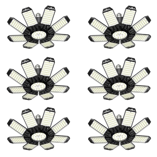 LAMLAMCK Garage Lamp 210W – 6 Pieces 21000LM 6500K Super Bright LED Garage Light with 8+1 Adjustable Panel, E26/E27 Sockets LED Lighting for Garage, Warehouse, Basement, Workshop and Storage Room