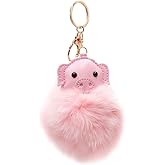 surell - Genuine Fox Fur Pig Shaped Keychain - Cute Pompom Fashion Accessory - Fluffy Fur Ball Barn Animal Key Chain