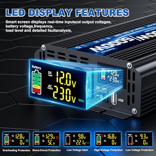 Inverter 12V 230V 3000W/6000W Modified Sine Wave Inverter Voltage Converter with 2 AC Outlets and USB and Type-C Port for Cars, Campers and Vehicles