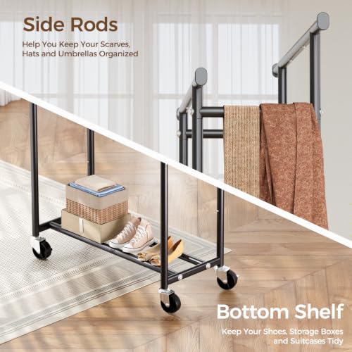 HYSEYY Double Rods Clothing Rack, Rolling Clothes Rack for Hanging Clothes, Portable Garment Rack with Wheels, Coat Rack Wardrobe Closet Load 240 LBS for Bedroom, Laundry Room