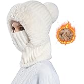3 in 1 Beanie Hat for Women, Fleece Lined Knit Balaclava Scarf Set, Warm Winter Pom Hat for Cold Weather