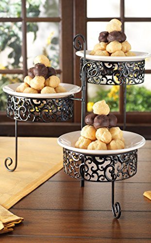 Pressed Metal 3-Tier Server, With (3) Off White Ceramic plates Food Server Display Plate Rack,Appetizer Serving Tray, Bowls