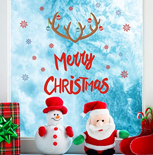 Merry Christmas Quote Wall Decals(22 Decals), Snowflake Winter Stickers, Antler Small Bell Wall Art for Xmas Party Supplies Window Clings Nursery Decor