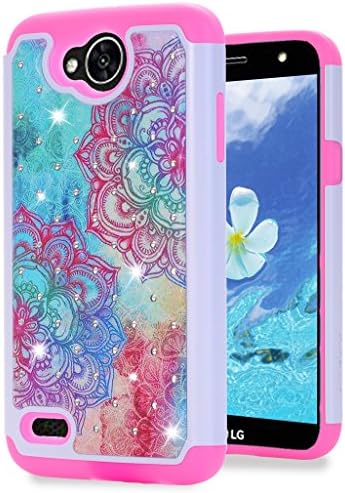LG X Power 2 Case, LG Fiesta LTE Case, LG LV7 Case, MANDYCOWRY Crystal Bling Diamond Shell Shock Absorbing Soft Rubber Inner Hybrid Armor Protection Cover(Rose Flower)