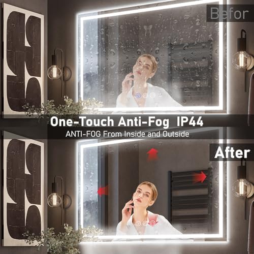Badspiegel mit Beleuchtung LED, 100x70cm Spiegel mit Light, Wandspiegel mit Frontbeleuchtung, Antibeschlagfunktion, Dimmbar, mit 3 Einstellbaren Lichtfarben