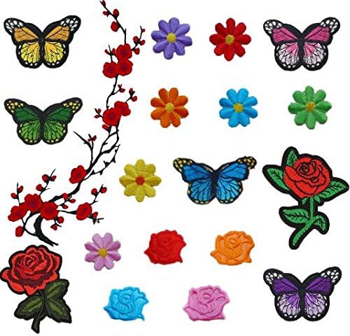 Comfun 19 Pieces Iron on Rose Patch Flower Butterfly Applique Embroidery Floral Applique Patches for Jeans, Jackets, Bags, Shoes
