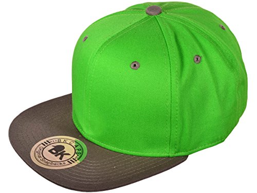 Wholesale Cotton Flat Bill Blank/Plain Snapback Hats w/ Green Underbill (Lime/Dark Grey) - 21141