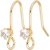 Beebeecraft 1 Box 32Pcs Rhinestone Earring Hook Cubic Zirconia Earring Findings with Loop 18K Gold Plated Brass Shiny Fish Hooks Hanging Ear Wires for Jewelry Making Supplies DIY Crafts Accessories