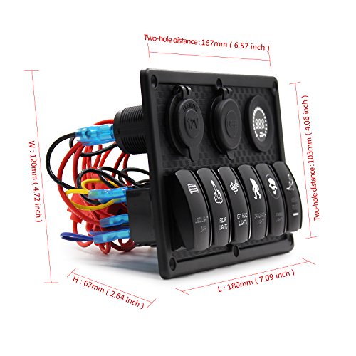 FXC Waterproof Marine Boat Rocker Switch Panel 6 Gang with 4.2A Dual USB Slot Socket + Cigarette Lighter + Voltage Monitor Alarm LED Light for Car Rv Vehicles Truck