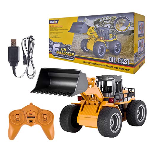 Yuboa Remote Control Truck RC Front Loader,RC Bulldozer Metal 6 Channel RC Tractor 2.4Ghz 4WD Construction Vehicle RC Truck Front End Loader Toy Present for Kids Boys Yellow