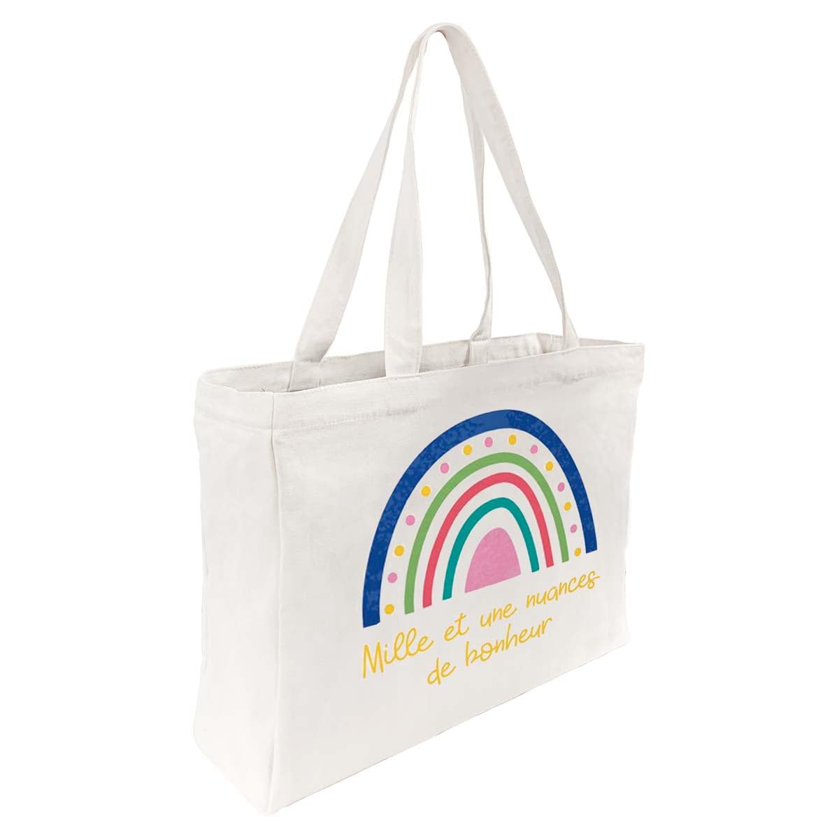 Draeger Paris – Tote Bag Regenbogen "Bonheur"(auf Französisch) – leicht, robust und ultraweich – geräumige Innenseite – 100 % Baumwolle - Einkaufstasche wiederverwendbar