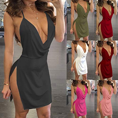 Womens Kleid Sexy tiefem V-Ausschnitt Neckholder rückenfrei Schlitz Mini Party Fashion Club Kleid – Bild 3